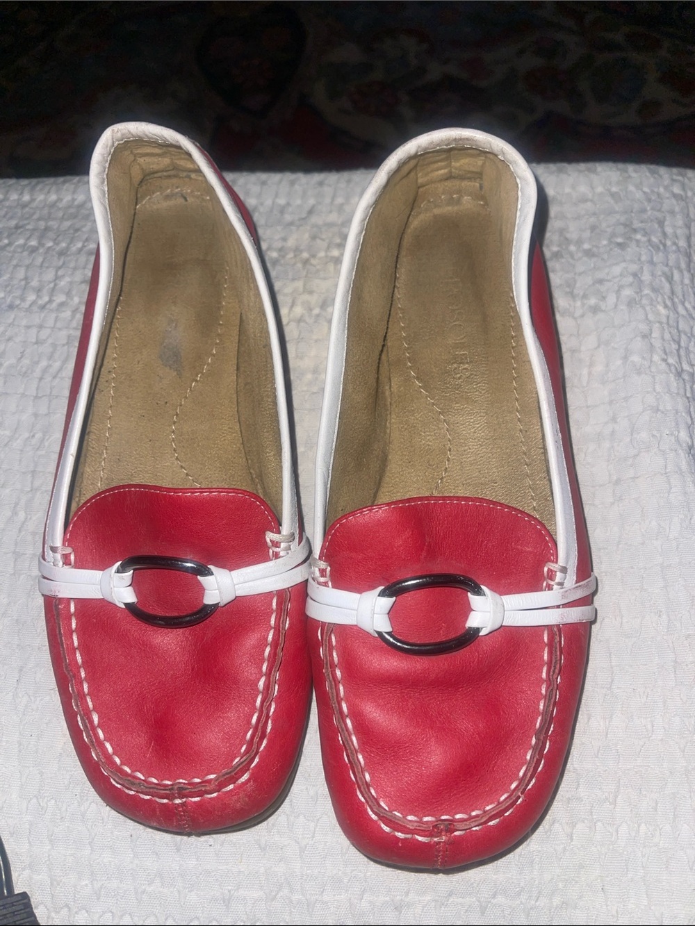 AEROSOLES Red Leather Slip-On Loafers with White Trim.